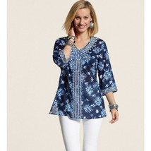 CHICO&#39;S Marvelous Motif Maddie Top Women’s Medium  Blue Beaded Special Edition - £38.58 GBP