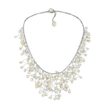 Waterfall of White Pearl &amp; Crystal on Silver Silk Thread Necklace - £33.63 GBP