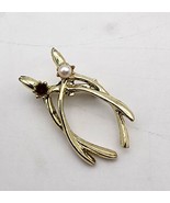 Vintage Gold Tone Wishbone Pin With Faux Pearl &amp; A  Black Rhinestone  - $139.05 MXN