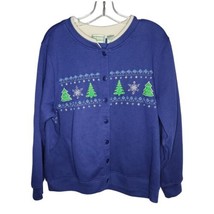 Vintage Shenanigans Blue Christmas Tree Snowflake Sweater Womens Cardigan XL - £16.07 GBP