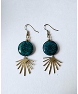 Blue Chrysocolla Stones w/Gold Sunburst Dangle Pendant Handmade Earrings - $11.00