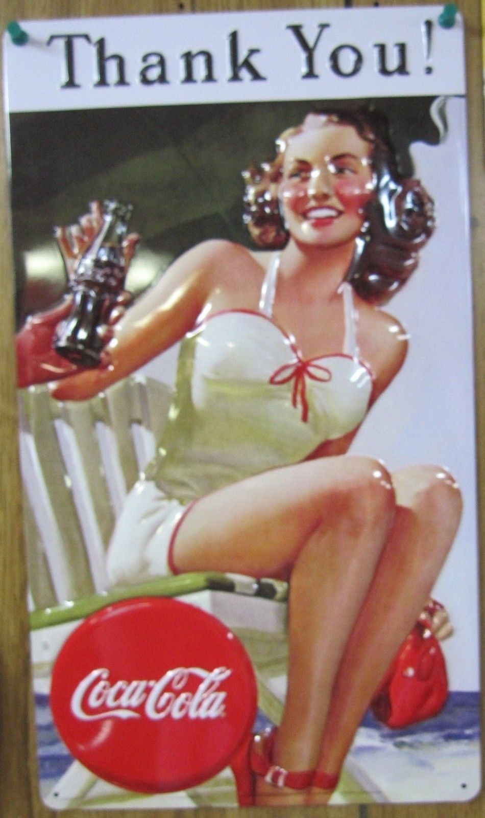 Primary image for Embossed Tin Coca-Cola  3-D Thank You Beauty Sign - NEW