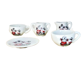 Mini Tea Set Girl Red Dress Gardening Butterfly VTG Dollhouse JAPAN Mini... - $16.00