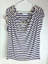 Joseph A. Womens Sz L Short Sleeve Knit Top Shirt Ruched Sleeve Navy Tan Striped - £6.23 GBP