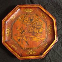 Antique 1800s Chinese Lacquered Hand Painted 14&quot; Wood &amp; Copper Octagon Tray - £201.61 GBP