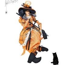 24&quot; Halloween Gray-Haired Witch with Orange Dress and Black Broom, Party Decor W - £44.93 GBP