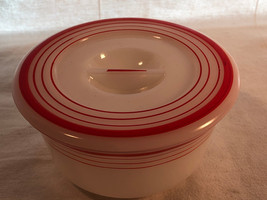 White Five Inch Glass Refrigerator Jar Trimmed with Red  With Lid Mint - £16.02 GBP
