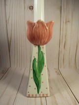 Tulip Candlestick Pink White &amp; Green Ceramic for Taper Whimsy 6&quot; x 2.5&quot;. - £8.57 GBP
