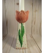 Tulip Candlestick Pink White &amp; Green Ceramic for Taper Whimsy 6&quot; x 2.5&quot;. - £8.46 GBP