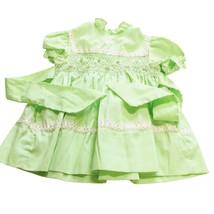 Princess Anne Hand Smocked Dress Green Pink Roses T2 Vtg Little Girls exe - £27.40 GBP