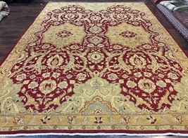 Large Indian Flatweave Rug 10x13 Floral Handmade Wool Carpet Maroon Beige-Gold - £1,778.25 GBP