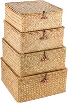 Set Of 4 Seagrass Storage Boxes, Wicker Woven Storage Baskets Shelves, Rattan - £48.72 GBP
