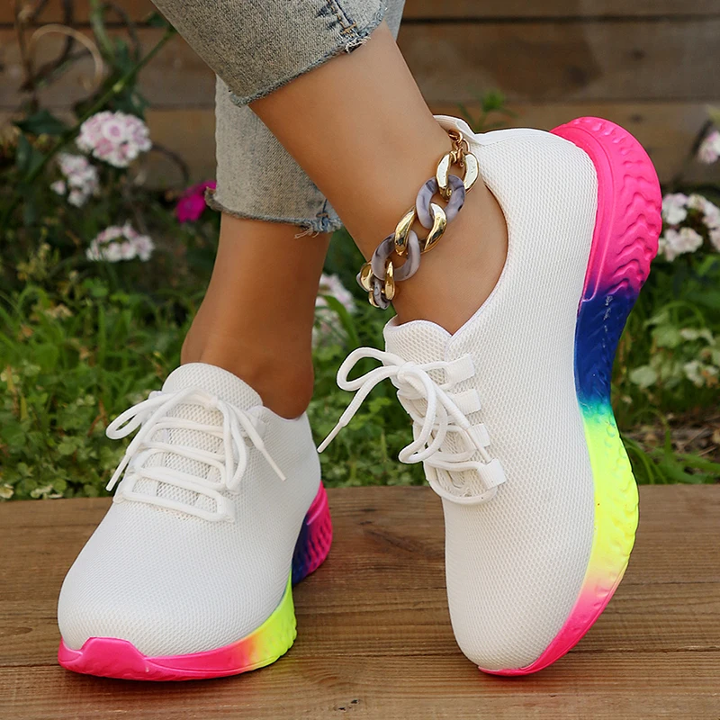 Fashion Rainbow Bottom Sneaker Women New Breathable Mesh Tennis Female Knitted N - £28.26 GBP