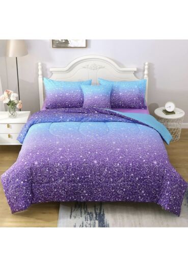 Kids Space Star Glitter Comforter Set Ombre Blue &amp; Purple Print Gradient... - $24.74
