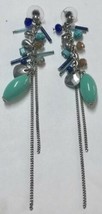 Boho Rocker Blue Turquoise Color &amp; Silver Tone Beaded Chain Dangle Earrings - £4.76 GBP