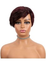 ISHINE Short Human Hair Wigs with Bangs, Pixie Cut Wig Burgundy Color Wigs, Cute - £13.33 GBP