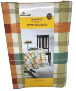 PEVA Tablecloth Harvest Fall Plaid Round 70&quot; Orange Green Tan Damp Clean... - $12.82