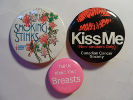 Vintage Collectible Cancer Society 2 Buttons Canadian Kiss Me Smoking Stinks VG - £7.15 GBP