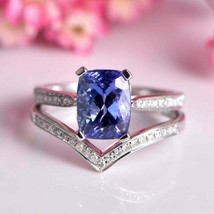 2Ct Cushion Cut Blue Tanzanite Engagement Exclusive Ring 14k White Gold Over - £67.98 GBP