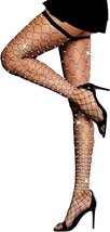 Women&#39;s Thigh High Stockings Rhinestone Fishnet Elastic Stockings Big Fish Net T - £19.40 GBP