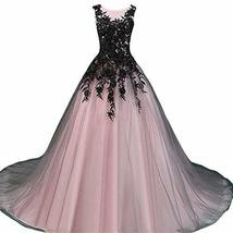 Gothic Gray Tulle Long Black Lace Sheer Bateau Prom Wedding Dresses Nude Pink US - £128.60 GBP
