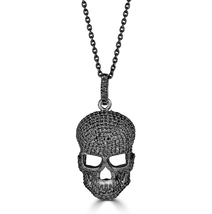 14k Black Gold Finish 925 Silver Black Diamond Skull Head Pendant Necklace - £223.81 GBP