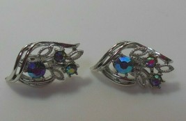 Vintage Signed Coro Silver-tone AB Rhinestone Floral Clip-on Earrings - £25.42 GBP