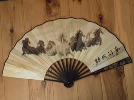 Japanese Art Print Silk Hand Folding Fan Fashion Decor Grand Plans Horses - £27.25 GBP