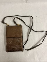 Vintage Brown Gold Sparkly Leather Crossbody Bag Wallet Purse w Egyptian Print - £23.36 GBP