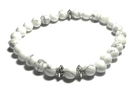 Women&#39;s Natural White Howlite Beaded Bracelet, 6mm Stones, Silver Alloy ... - £14.24 GBP