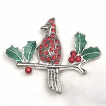 Cardinal Holly Pin Silver Tone Brooch By KC Enamel Jeweled Vintage Kenne... - $9.95