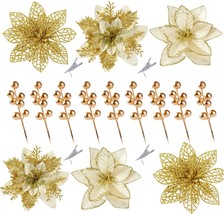 Sggvecsy 30 Pcs 3 Styles Christmas Glitter Poinsettia Flowers Artificial, Glod - £24.04 GBP