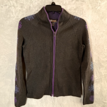 Eddie Bauer Sport Snowflake Sweater Gray purple zip front petite Small - $24.98