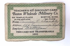 Vtg Boston Wholesale Millinery Co. Teacher Discount Card 1931 Massachusetts - $15.00