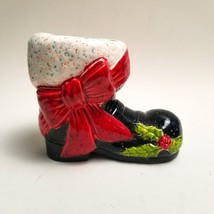 Ceramic Santa Claus Boot Black Christmas Vintage Holly Vase Planter Holiday Bow - £27.33 GBP