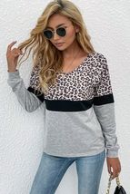 Leopard Color Block V-Neck Long Sleeve Top - £29.02 GBP