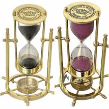 Set of 2 Brass Revolving Sand Timer Base Wheel Compass Collectible Gift - £83.59 GBP