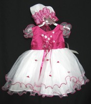 NWT Wonser Yki Baby Girl Pageant Party Dress Bonnet 24 month L Pink &amp; White Bow - £25.86 GBP