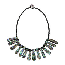 Mosaic Abalone Shell Sticks on Black Bead Statement Collar Necklace - £17.51 GBP