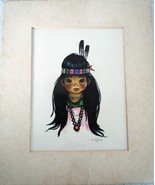 Vintage Hand Painted Drawing Of A Little Girl Native American 1950s - $22.04 CAD