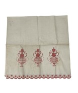 Vintage Embroidered Tea Towel Beige Pink Floral Scalloped Edge - $221.43 MXN