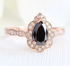 18K Rose Gold Pear Cut Black Engagement Ring Handmade Women Jewelry Black Spinel - £1,032.86 GBP
