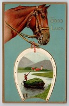 Horse Good Luck Greetings Boating Scene In Horseshoe Postcard W25 - £4.66 GBP