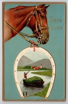 Horse Good Luck Greetings Boating Scene In Horseshoe Postcard W25 - £4.47 GBP