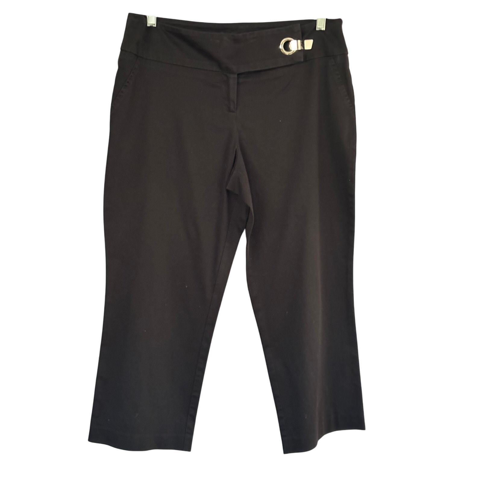 Cache Black Crop Pant Silver Metal Self Belt Buckle Stretch Cotton Spandex - £29.21 GBP