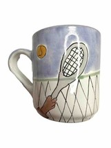 Vintage Tennis Badminton Racketball Hand Painted Clay Coffee Mug Signed - £5.48 GBP