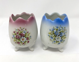 Vintage Porcelain Egg Cups Hand Painted Pink &amp; Blue Set of 2 - $14.24