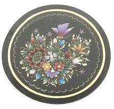 Vintage Small Black Lacquer Mini Plate Pin Tray 5&quot; Hand Painted Flowers Gold - £8.31 GBP