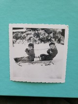 Boys on a Sled 1950&#39;s Black And White photo snow ,old cars - $11.53
