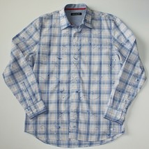 Report Collection Men&#39;s Flower Embroidered Blue Check Print Shirt size L... - £10.38 GBP